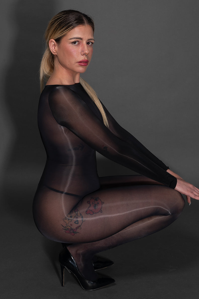 Women's Transparent Bodystocking – Oil Shiny Glossy Sheer Bodysuit Tights – Black, One Size