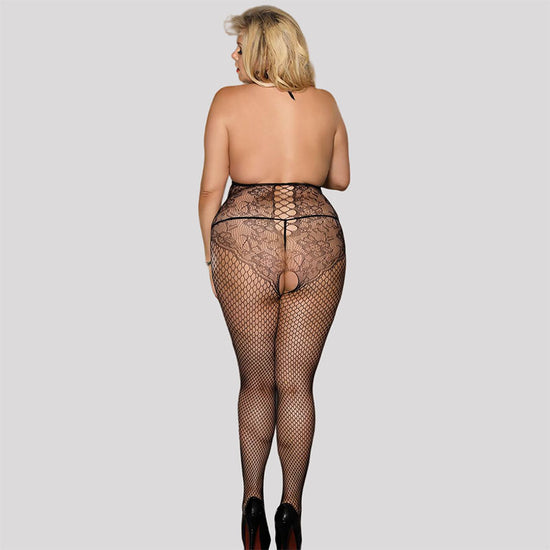 Plus Size Open Cup Net And Lace Patterned Crotchless Bodystocking
