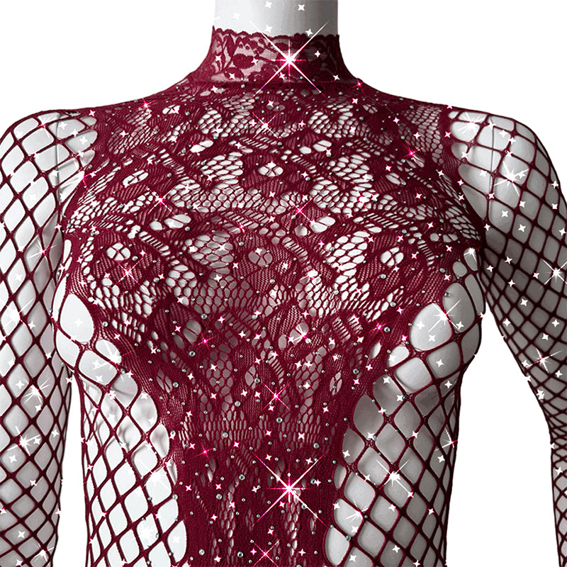 NEFERTITI Diamante Bodysuit In Fishnet And Lace