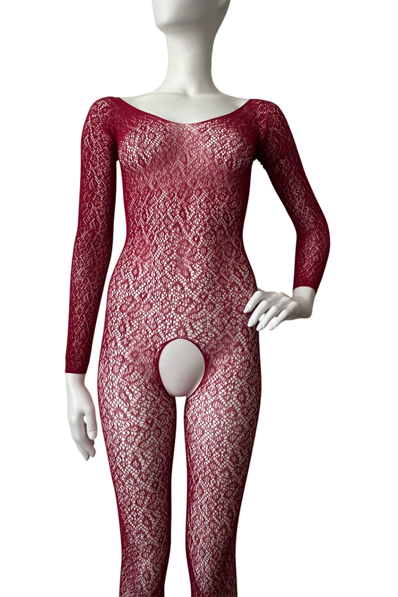 A mannequin displaying a red wine color bodystocking with long sleeves and a footless design. The bodystocking features a leopard print pattern.