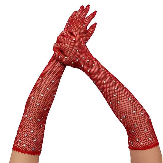 Extra Long Full Fingered Dimante Fishnet Gloves