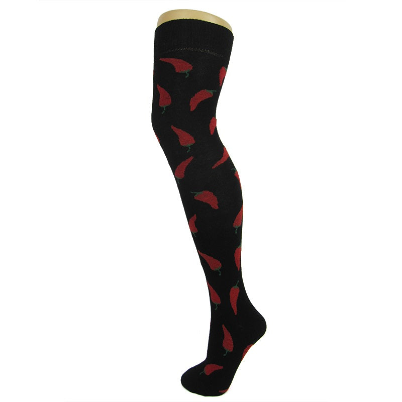 Cotton Blend Chili Print Over The Knee Socks - Leggsbeautiful