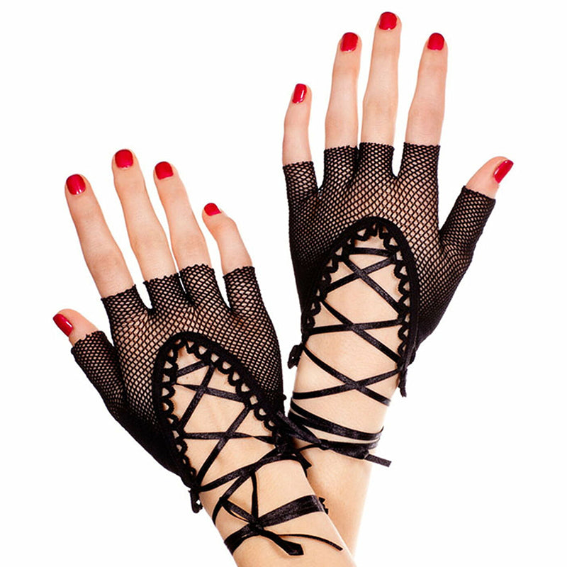 Classified Fingerless Fishnet Gloves With Lace Up Detail
