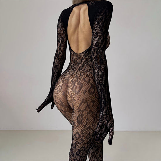 KITTY Gloved Woven Fishnet Leopard Print Bodystocking