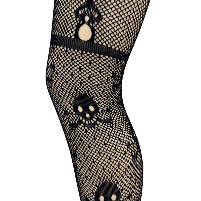 Skull And Crossbone Patterned Mock Suspender Fishnet Tights