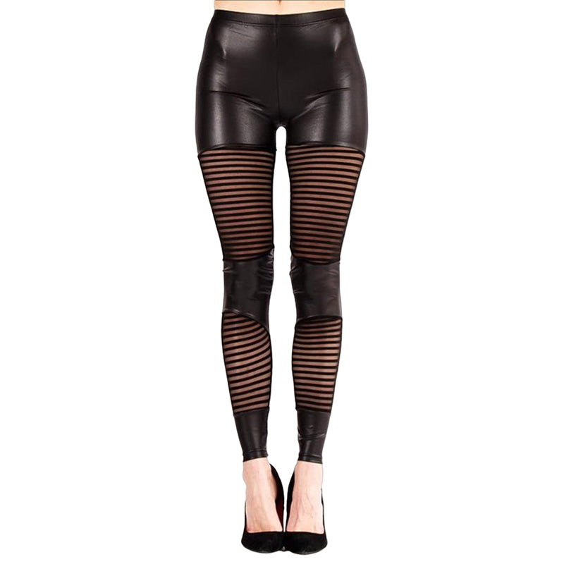 Wet Look Stripe Mesh Panel Leggings-LEGGSBEAUTIFUL