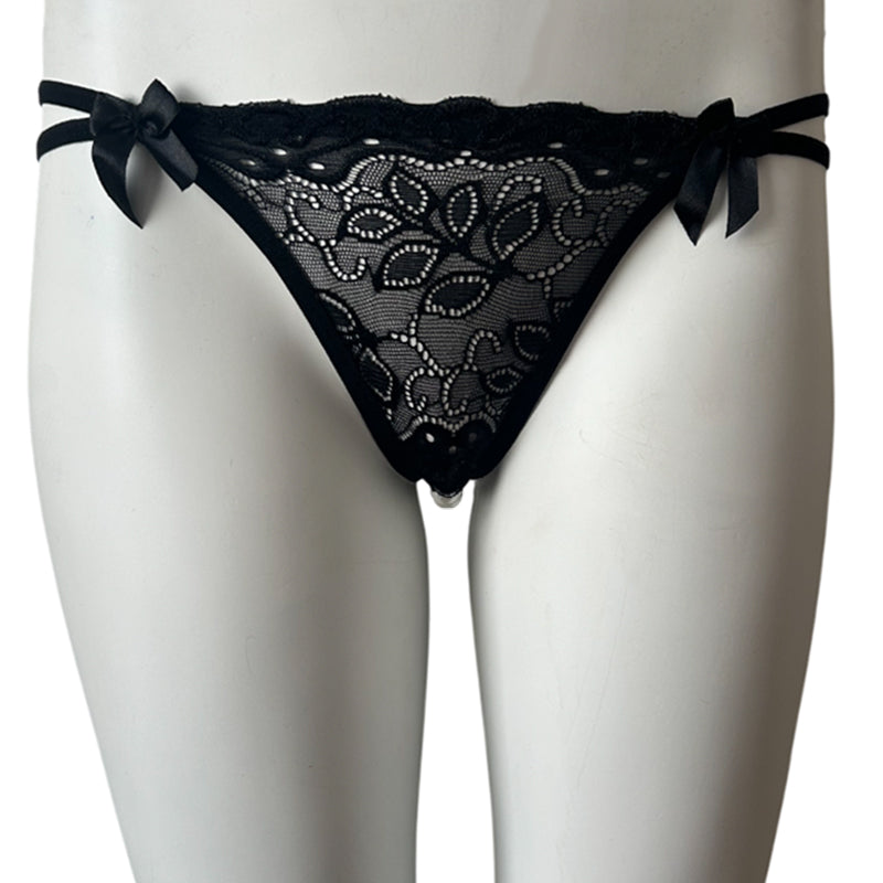 Sydney Crotchless Lace Double Strap Five Pearl Thong