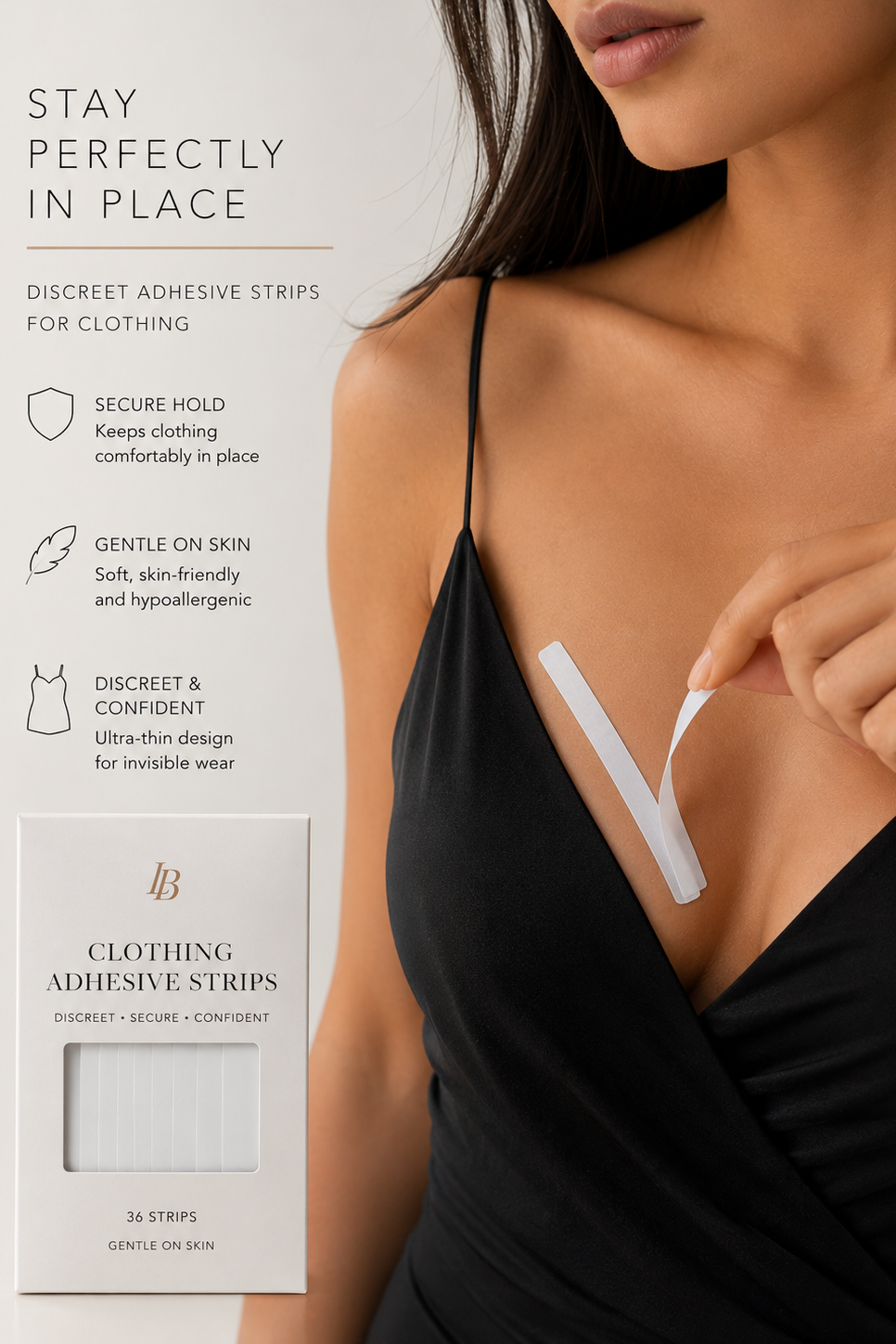 A woman wearing a black dress applies a white discreet adhesive strip to her chest. The left side of the image features a clean white panel with product text, icons, and the product packaging box.
