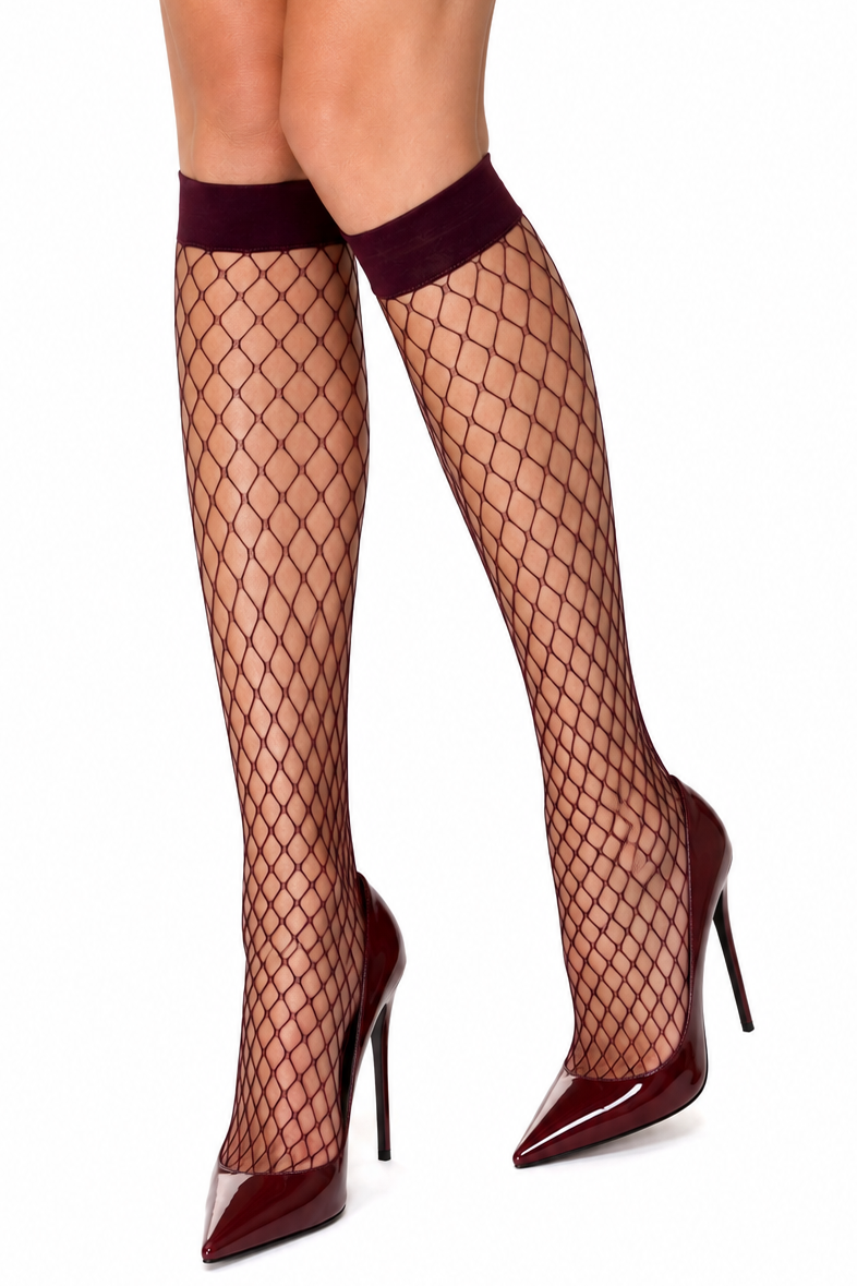 A pair of sheer black fishnet knee-high socks with a dark burgundy top band, shown on a model's legs paired with burgundy pointed-toe stiletto heels against a white background.