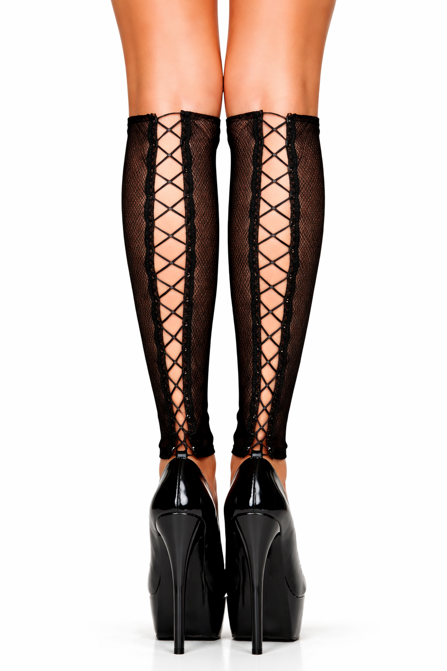 Black lace thigh-high stockings with black high-heeled shoes on a white background