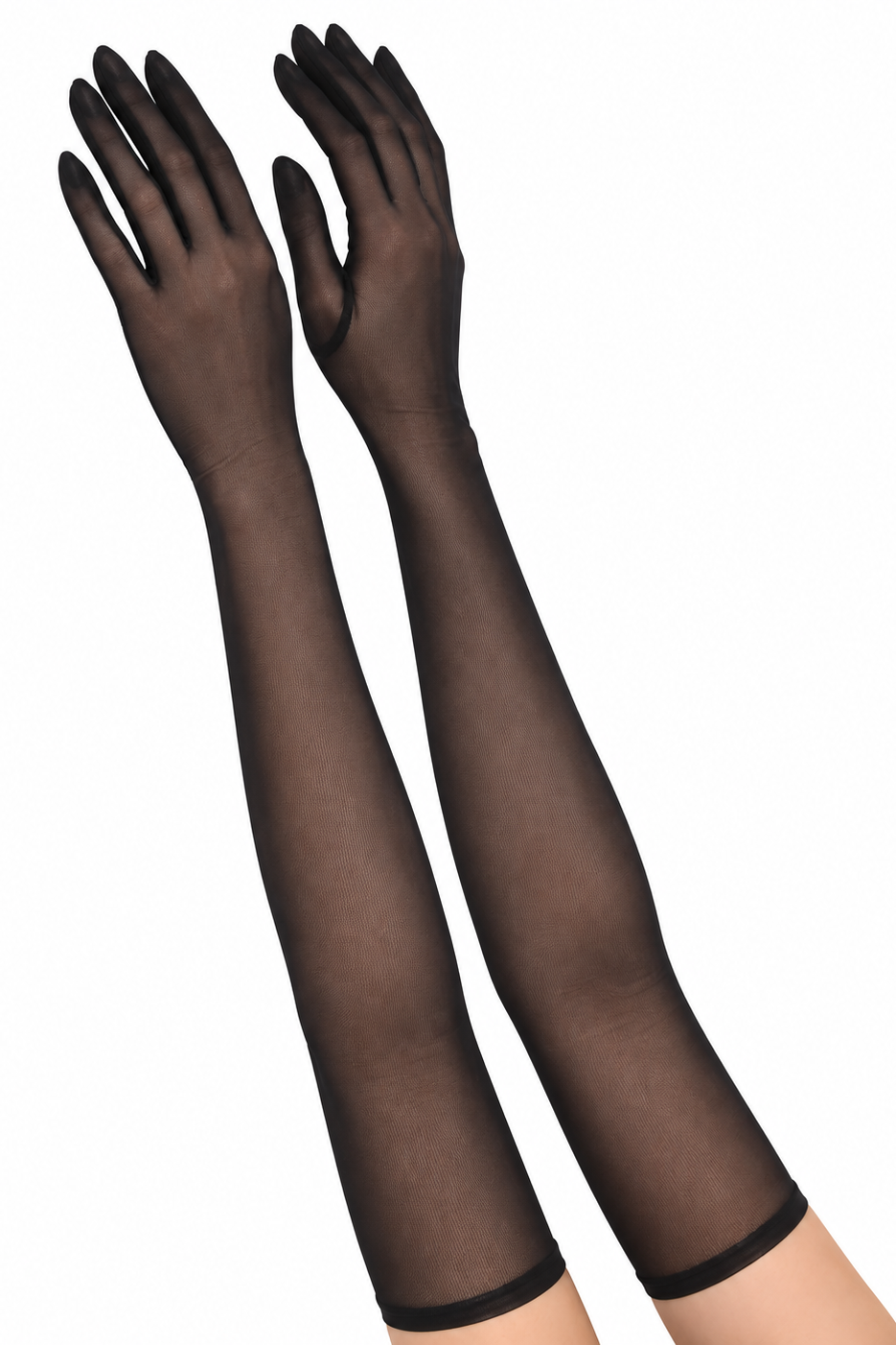 A pair of long sheer black opera gloves worn on arms, shown against a plain white background.