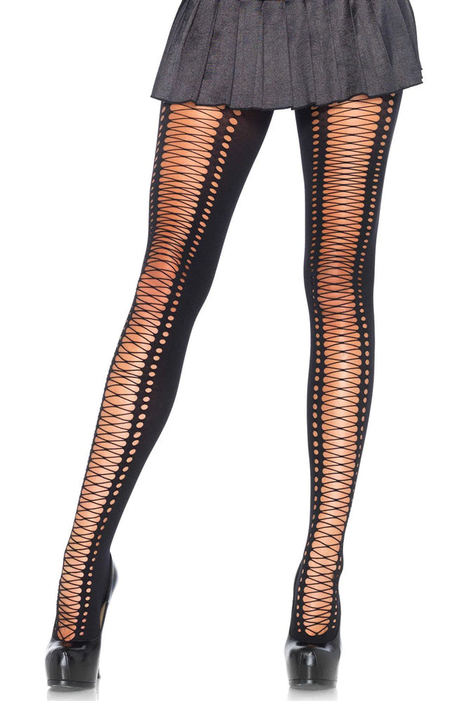A model wears black tights with corset style detaing in the front on a white background.