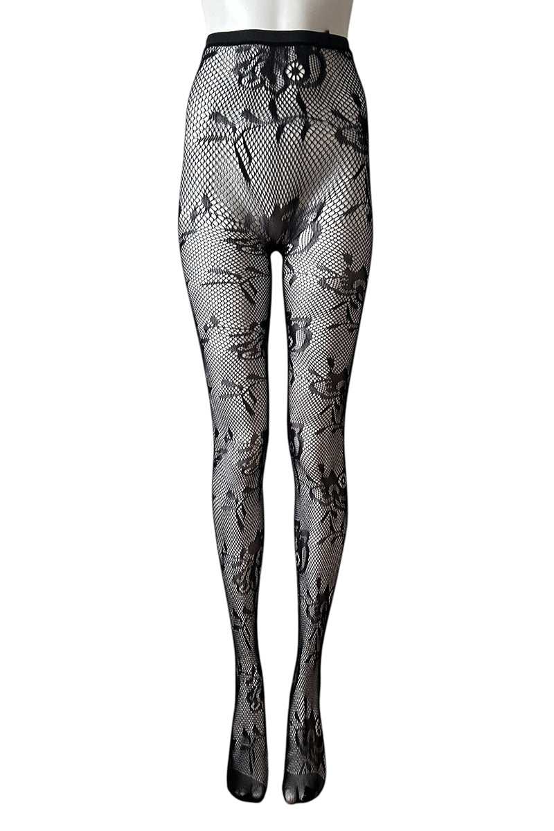 Black fishnet tights with floral lace design on a white background
