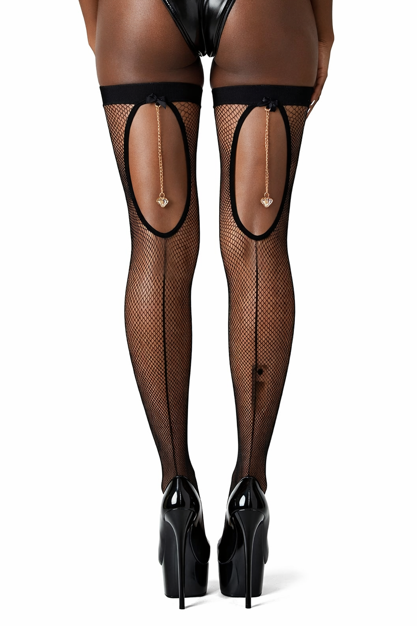 Black fishnet stockings with garter straps worn by a person on a white background