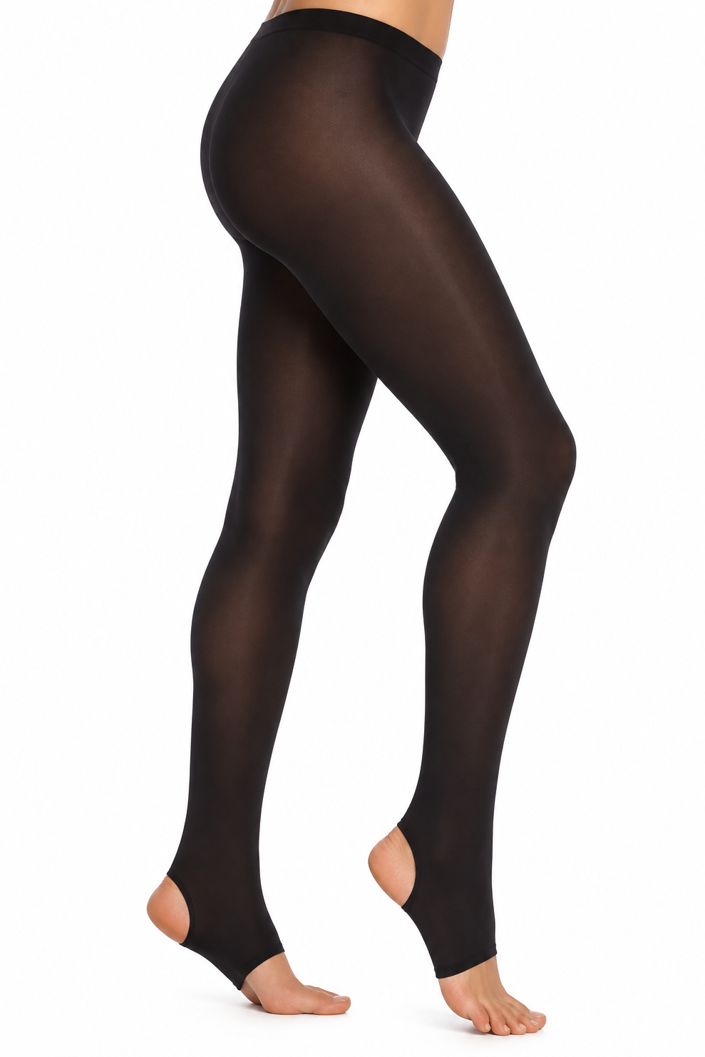 Black sheer tights worn by a model, shown from the waist down in a side profile view against a plain white background.