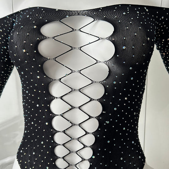 GALAXY Long Sleeve Cut Out Diamanté Fishnet Bodysuit