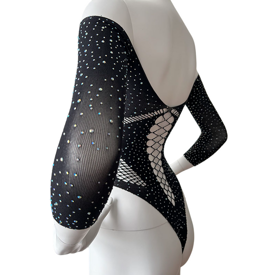 GALAXY Long Sleeve Cut Out Diamanté Fishnet Bodysuit