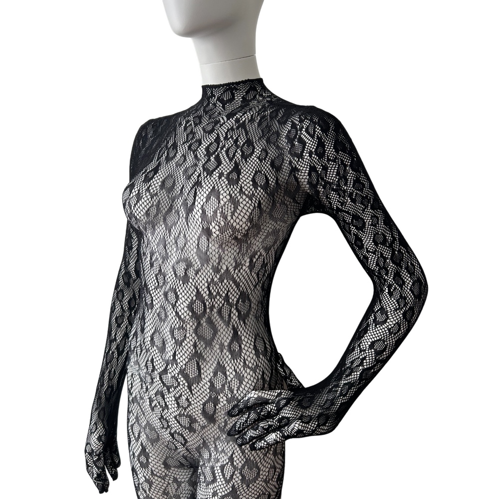 
                      
                        Close up of black leopard bodystocking. 
                      
                    