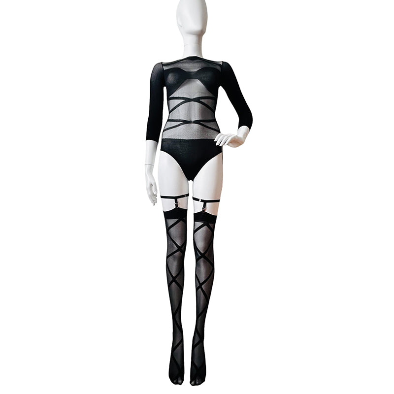 Coquette Sheer Long Sleeve Bodysuit and Criss Cross Stockings Set
