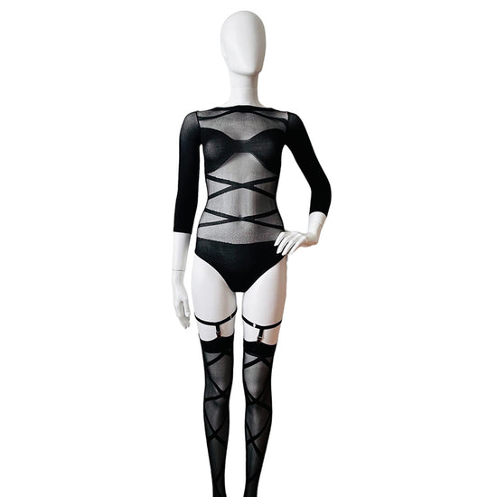 Coquette Sheer Long Sleeve Bodysuit and Criss Cross Stockings Set