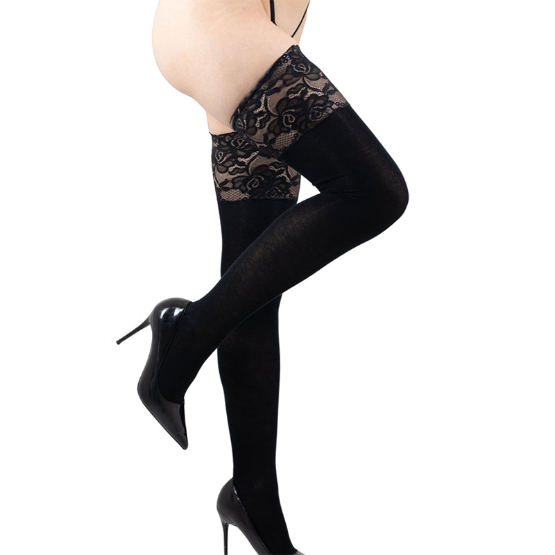 Cotton Knit Lace Top Thigh High Hold Ups With Silicone
