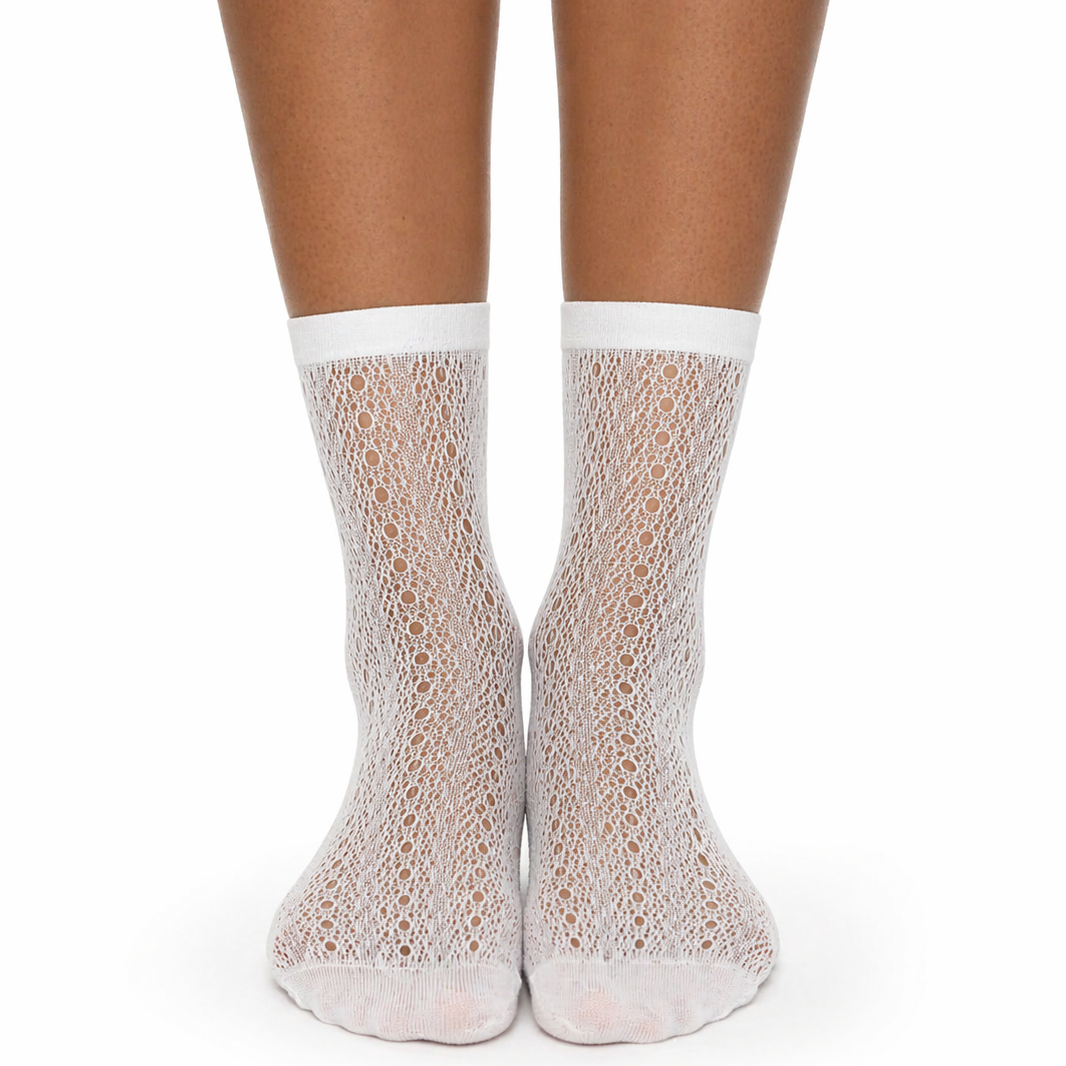 White lace socks worn by a person on a white background