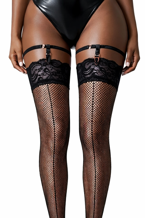 Front Seamed Lace Top Fishnet Stockings - LEGGSBEAUTIFUL