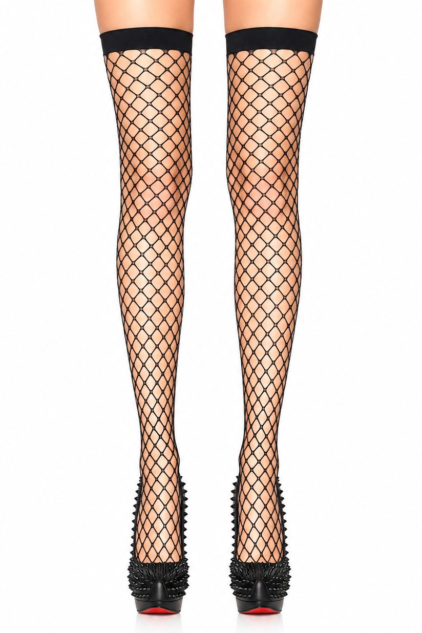 Black fishnet thigh-high stockings with a diamond mesh pattern and solid black top bands, shown on a model's legs paired with black studded high heels against a white background.