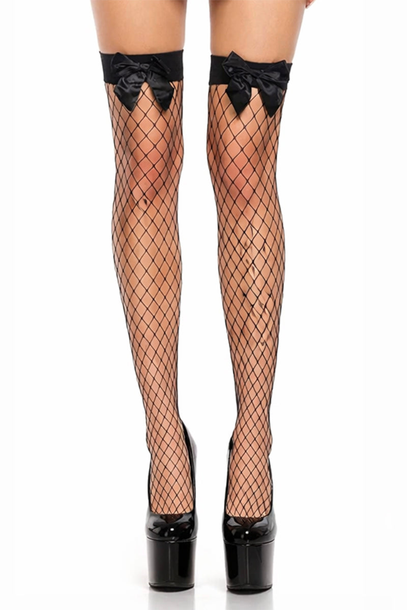 Leg Avenue Diamond Net Thigh Highs With Bow - LEGGSBEAUTIFUL