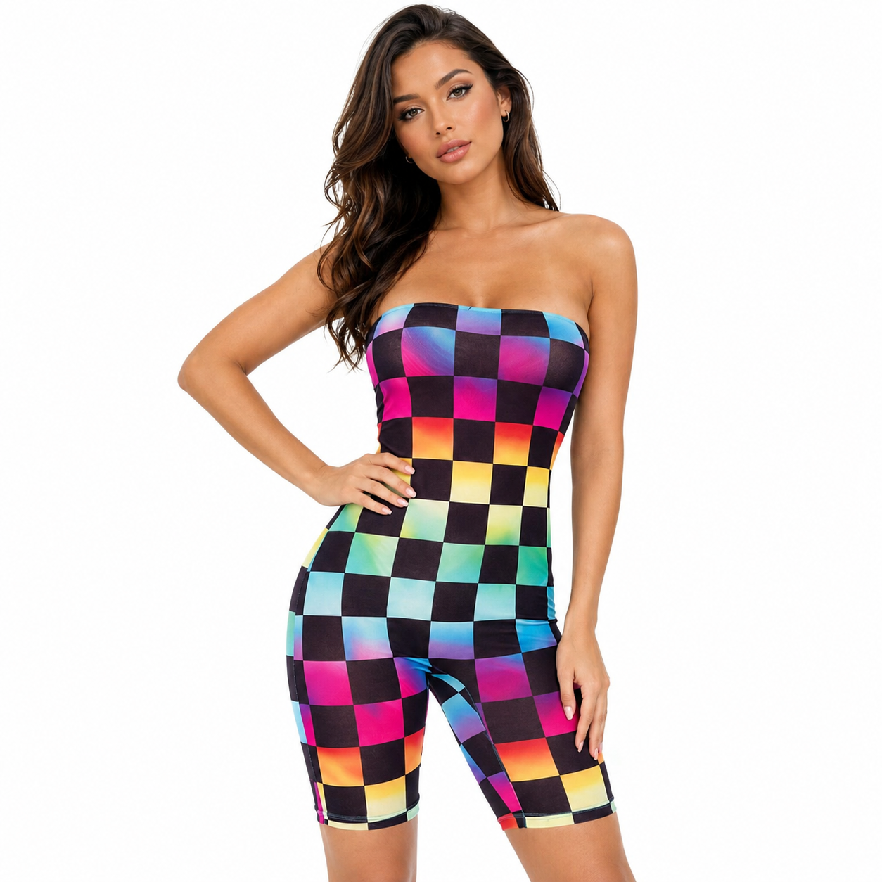 Leg Avenue Rainbow Check Strapless Biker Short Romper