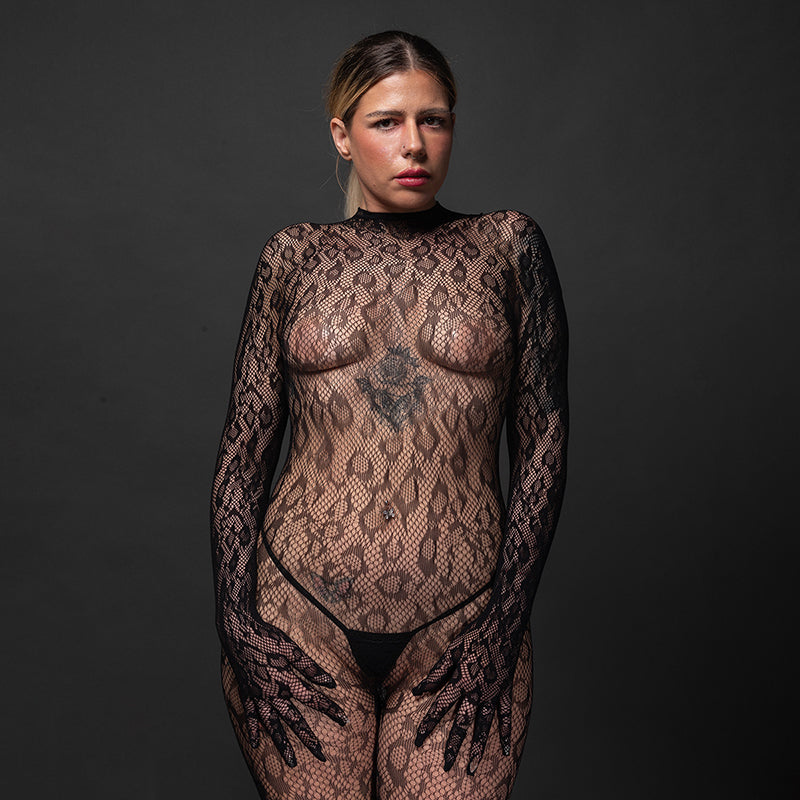 KITTY Gloved Woven Fishnet Leopard Print Bodystocking
