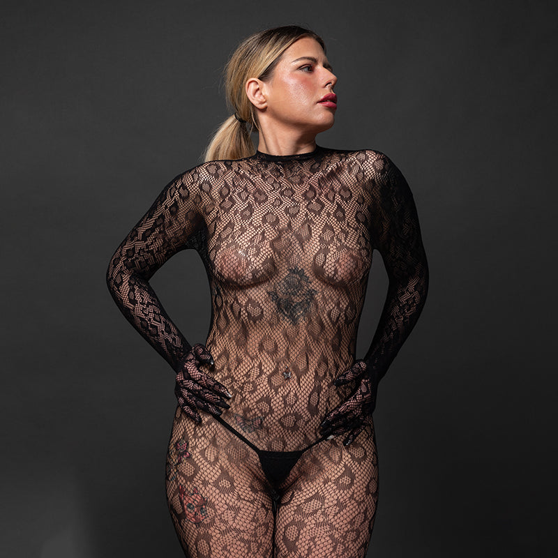 KITTY Gloved Woven Fishnet Leopard Print Bodystocking