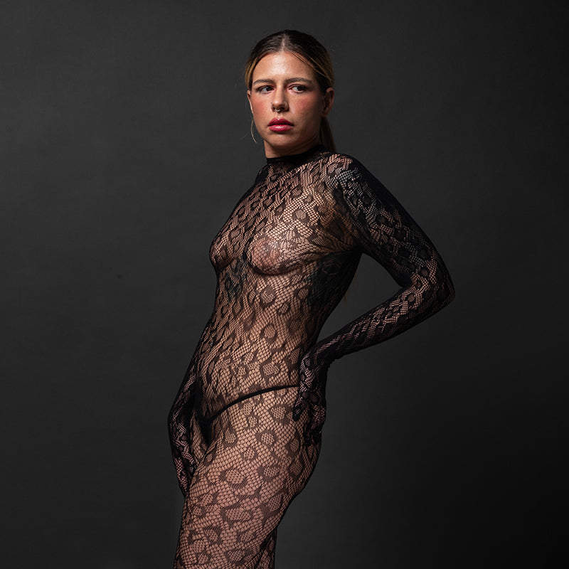KITTY Gloved Woven Fishnet Leopard Print Bodystocking