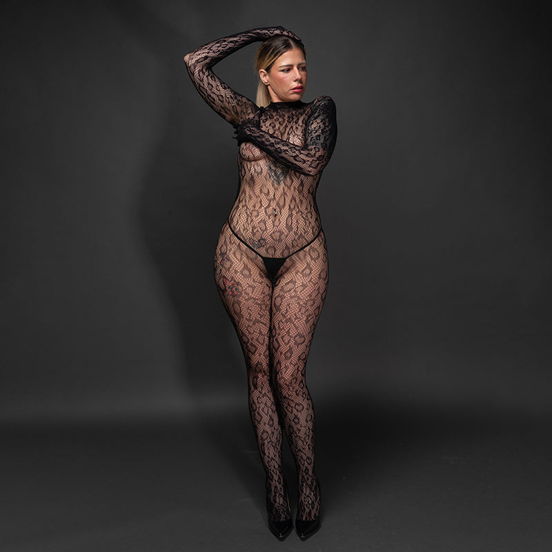 KITTY Gloved Woven Fishnet Leopard Print Bodystocking
