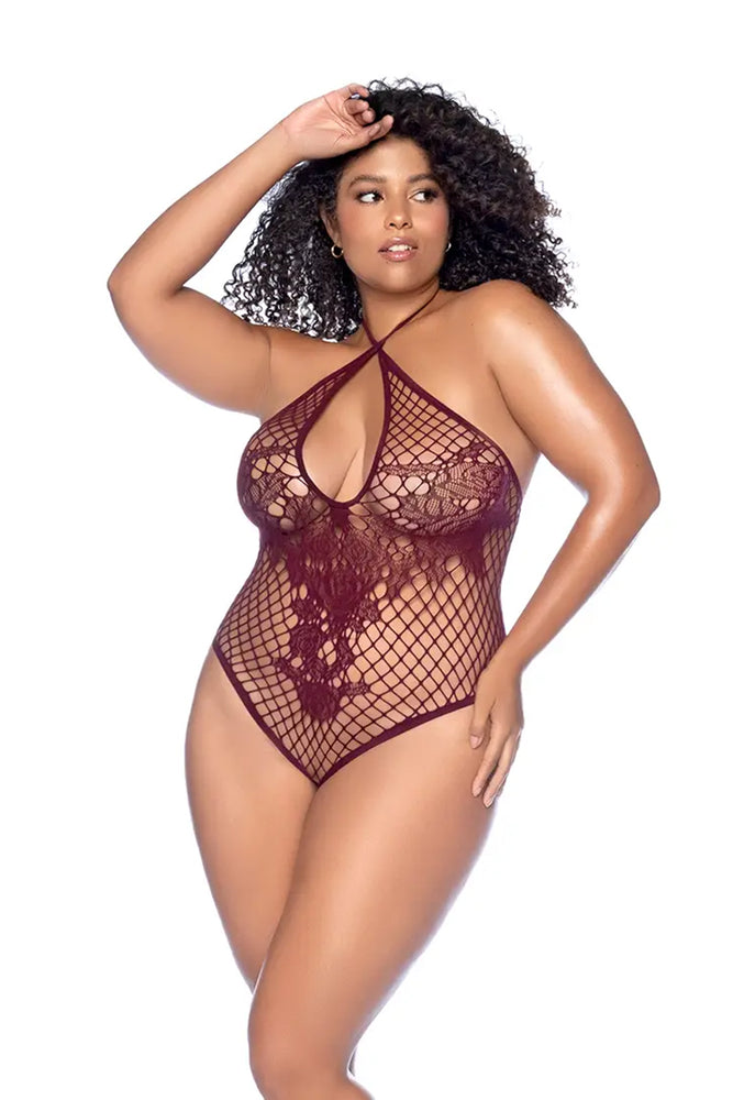 Mapalé Plus Size Fishnet Bodysuit With Floral Motif