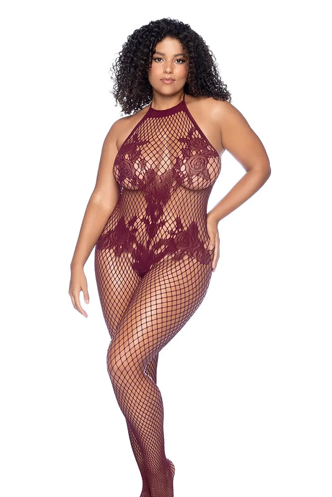 Mapalé Plus Size Crotchless Fishnet Bodstocking With Floral Motif