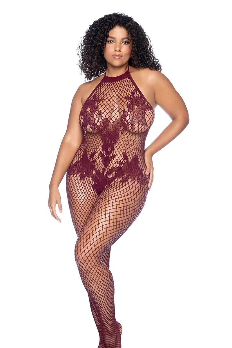 Mapalé Plus Size Crotchless Fishnet Bodstocking With Floral Motif