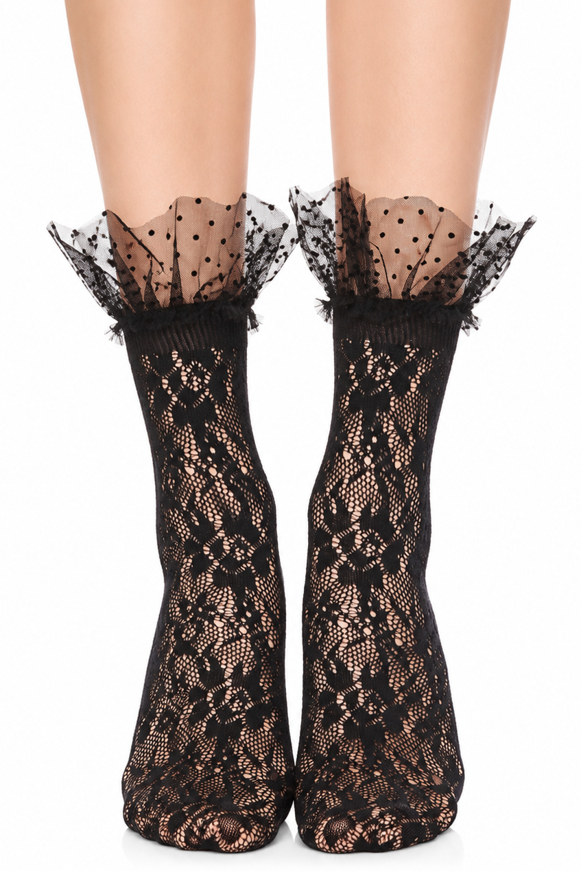 Black lace socks with sheer top on a white background