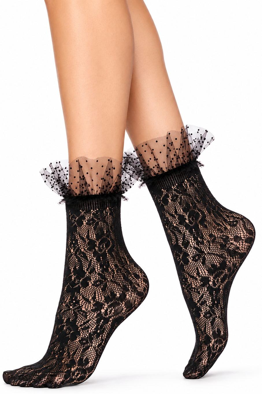 Black lace socks with tulle cuffs worn by a person on a white background