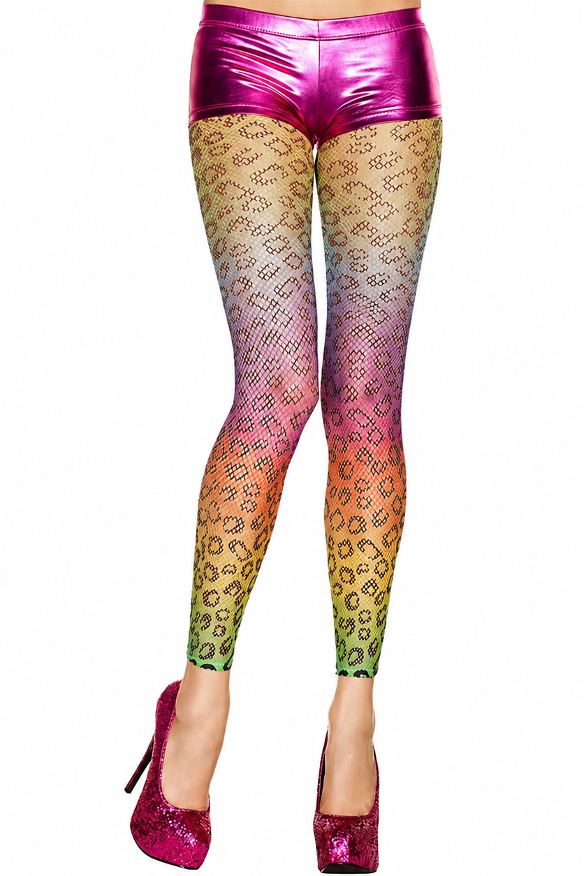 A pair of full-length leggings with a rainbow gradient and leopard print pattern, paired with shiny pink high heels, shown on a white background.