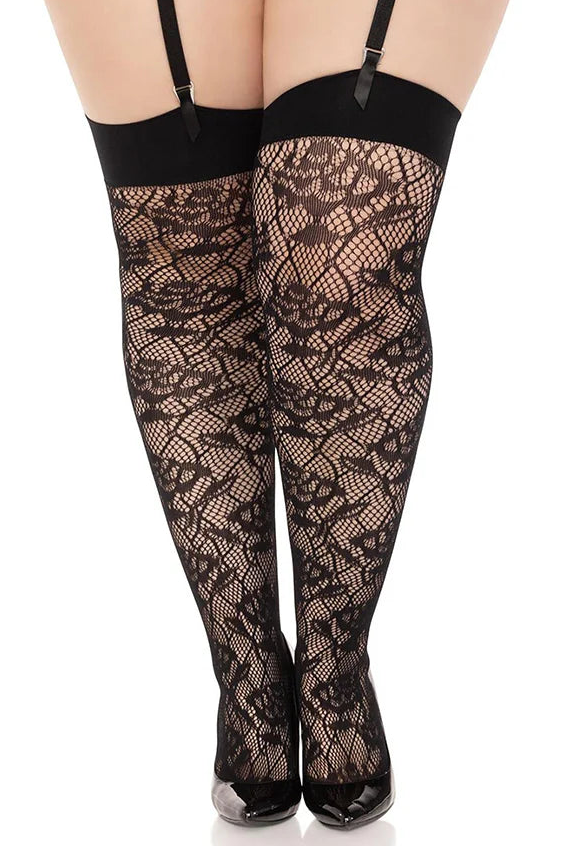 Black lace stockings with suspenders on a white background