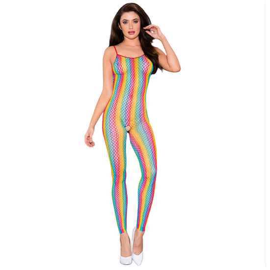 Load image into Gallery viewer, Music Legs Crotchless Rainbow Fishnet Spaghetti Strap Bodystocking
