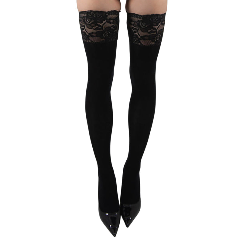 Cotton Knit Lace Top Thigh High Hold Ups With Silicone