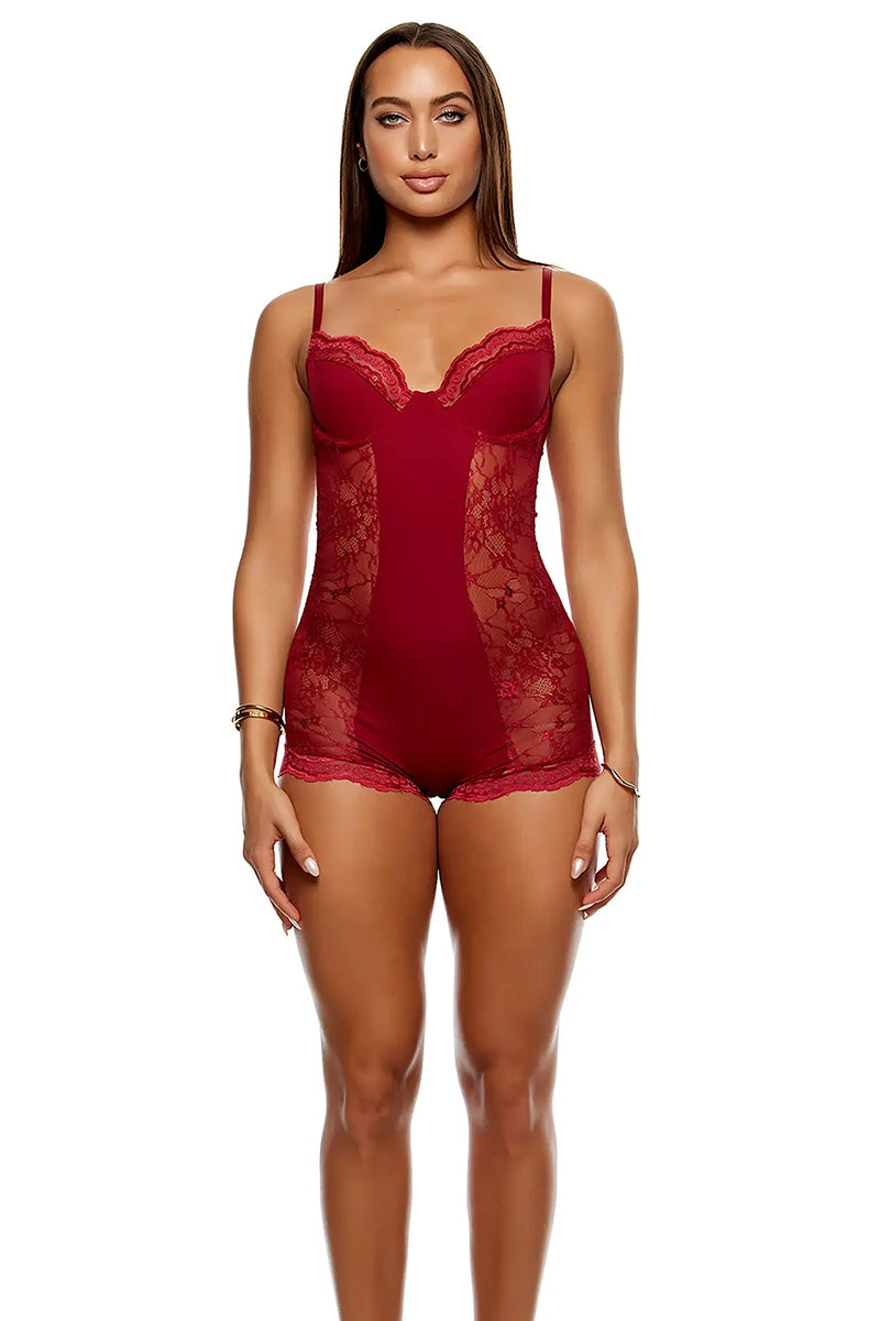 Wine coloiured lace lingerie romper worn by a model on a white background
