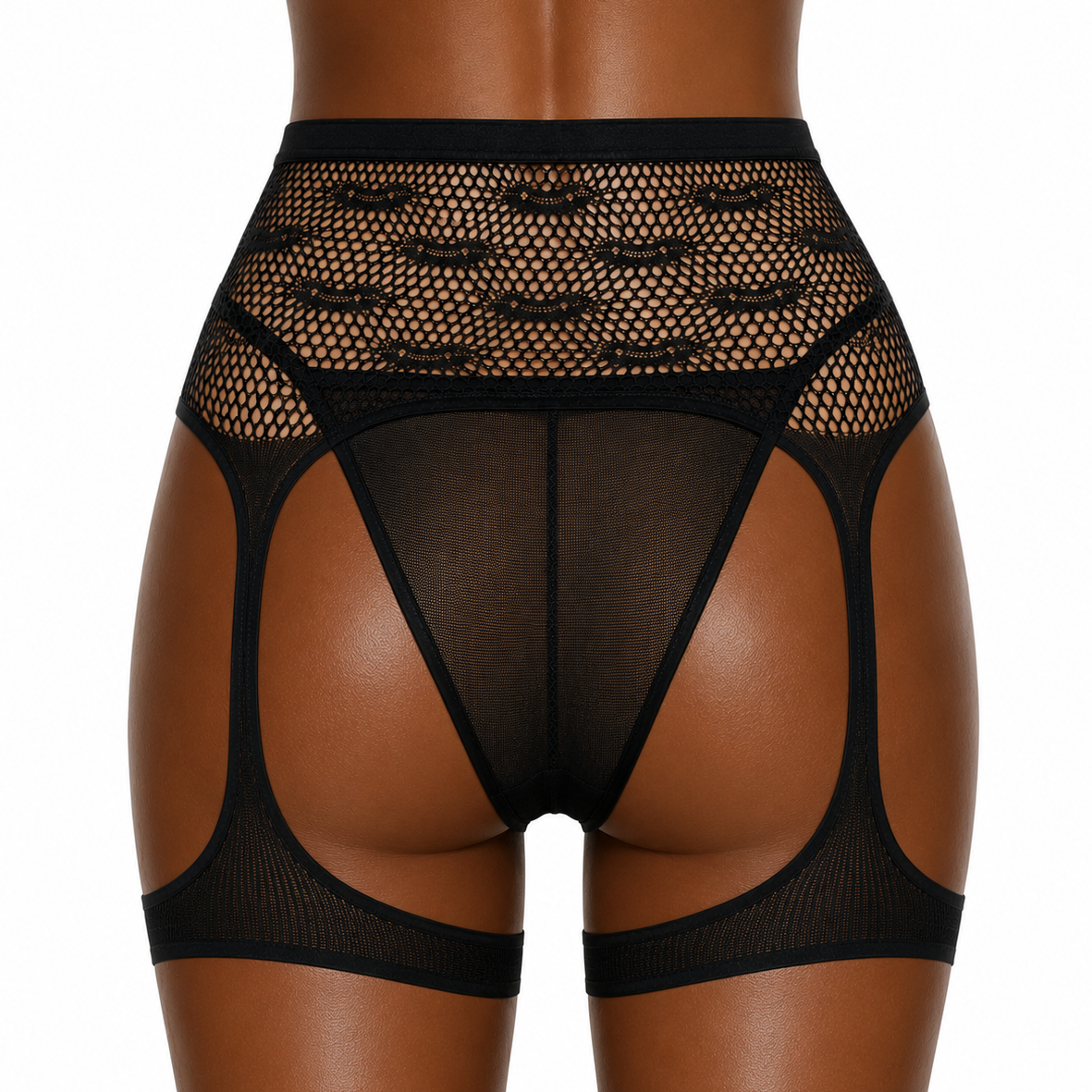 Black fishnet garter belt and thigh-high stockings shown on a model from the back, featuring a high-waisted mesh waistband and leg straps.