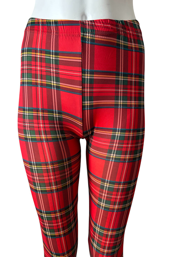 
                      
                        Red plaid leggings close up on a white background
                      
                    