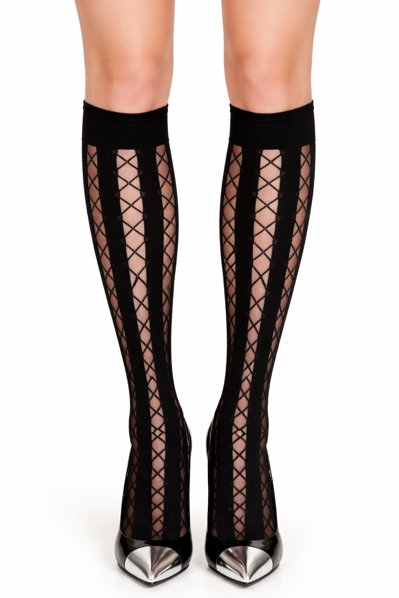 Black fishnet stockings with metallic heel and toe on a white background