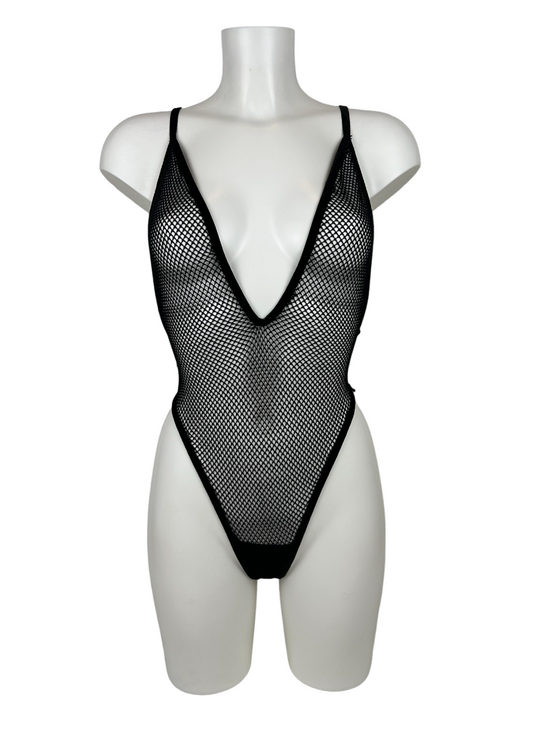Load image into Gallery viewer, SLOANE High Cut Deep V Adjustable Strap Fishnet Bodysuit
