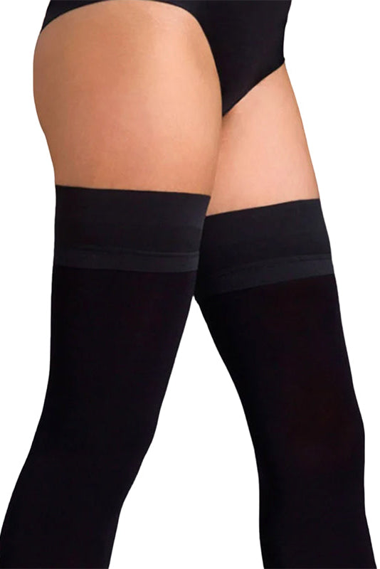 Black thigh-high stockings worn on a model's legs, shown from the waist down against a plain white background.