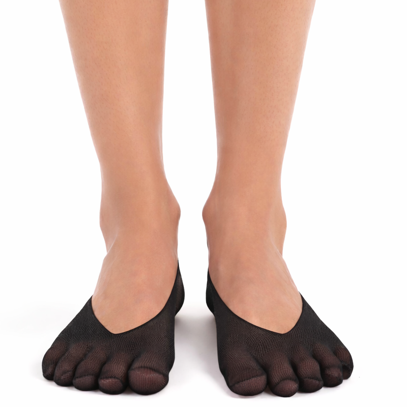 Black toe-separated socks worn by a person on a white background